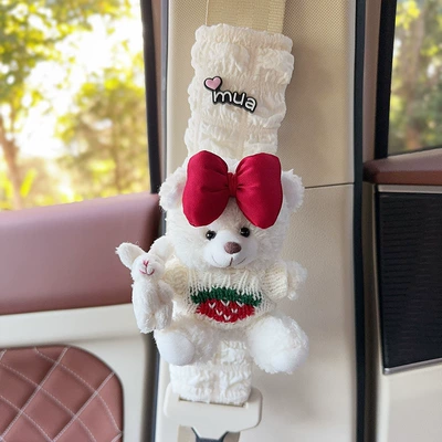 Seat belt shoulder pad Cover Plush Bear Car Creative - white-bear-bouquet-of-bunny-and-white-sweater-one-puff-plaid-shoulder-guard