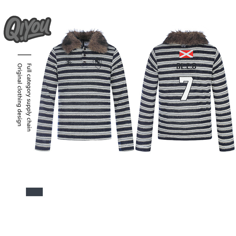 Qiyou2026 Autumn American Retro Striped Fur Collar Patchwork Color-Blocking Long-Sleeve T-Shirt Embroidered Sweatshirt Trendy Brand Cross-Border Qiyou2026 Autumn American Retro Striped Fur Collar Patchwork Color-Blocking Long-Sleeve T-Shirt Embroidered Sweatshirt Trendy Brand Cross-Border