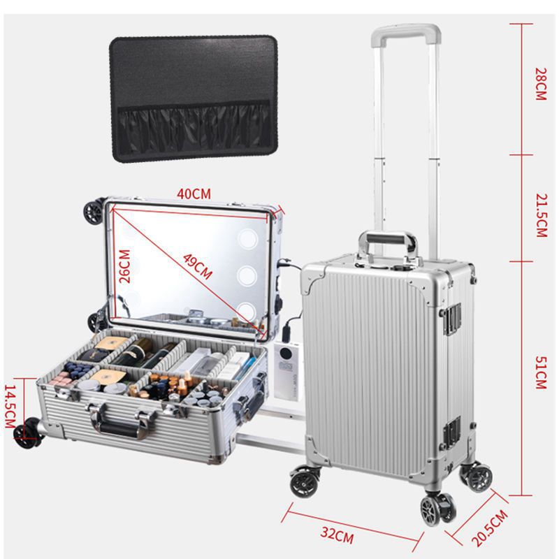 Estuche de maquillaje profesional, novia y maquilladora, caja de maquillaje especial para maquilladora con luz, espejo de vidrio templado, maleta con ruedas, portátil