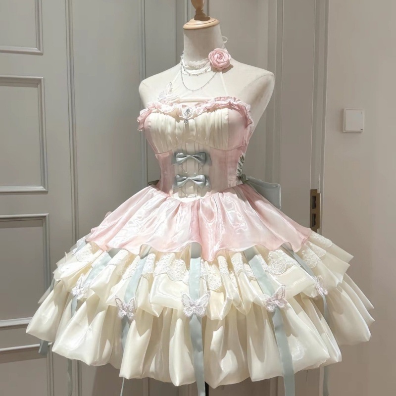 桔梗house爱神之约lolita公主风特纯欲风挂脖吊带短裙蓬蓬裙