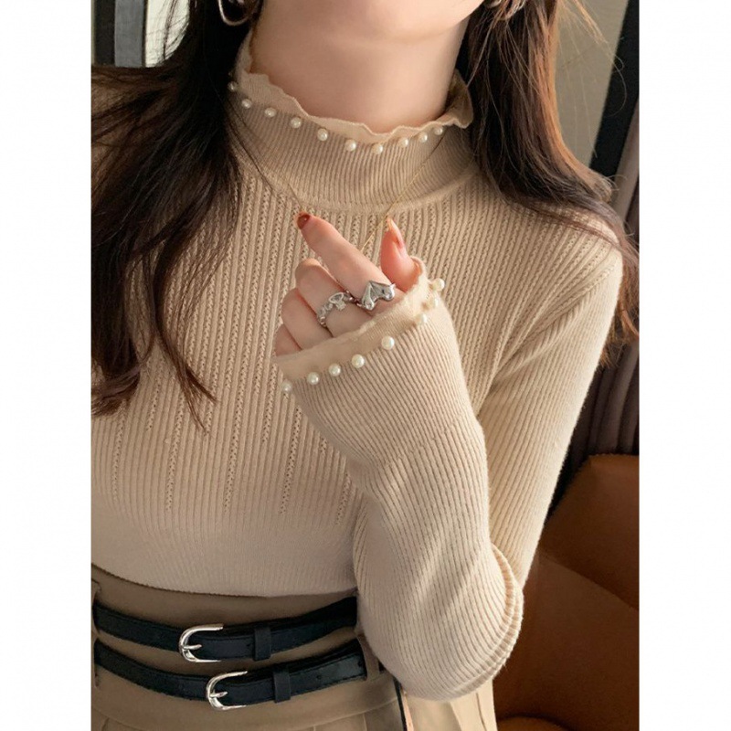 新中国式小真珠半高襟セーター秋冬デザイン感修身レースの底のシャツの女性の中にニットの長袖を掛けます。