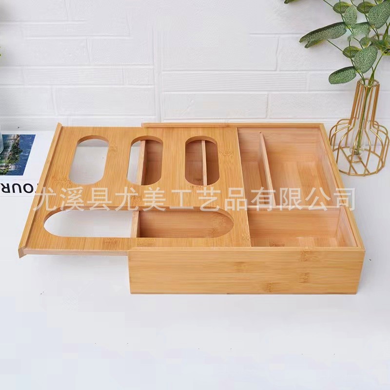 Creativa caja de envoltura de plástico de bambú y madera caja de almacenamiento de bolsa ziplock caja de papel de aluminio cortador caja de bambú integral al por mayor
