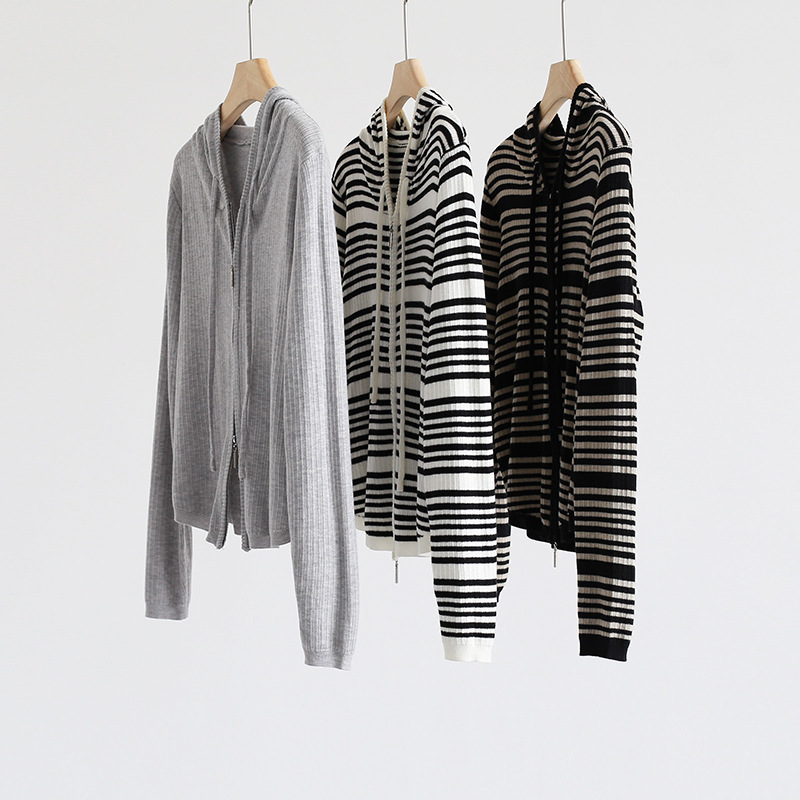 Spring and summer hooded double-headed zipper striped sweater long sleeve Korean chic short cardigan thin coat top