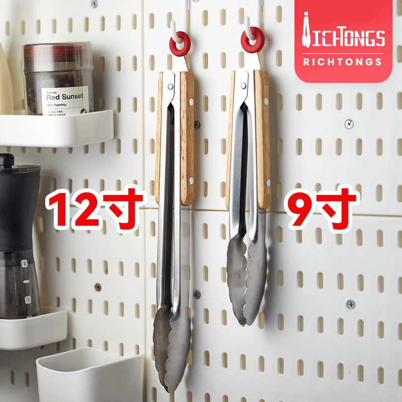 Stainless Steel Food Clip Thickened Wooden Handle Food Clip Silicone Barbecue Clip Barbecue High Temperature Resistant Bread Buffet Clip