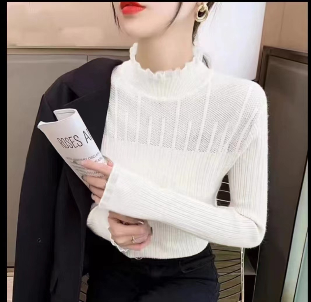 2023 otoño e invierno nuevas mujeres slim fit encaje hueco suéter interior medio cuello alto camisa de fondo para mujeres image 10