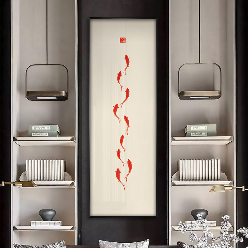 New Chinese Style Living Room Decorative Painting Nine Fish Picture Hanging Painting Horizontal Koi Simple Zen Ink Sofa Background Wall Mural