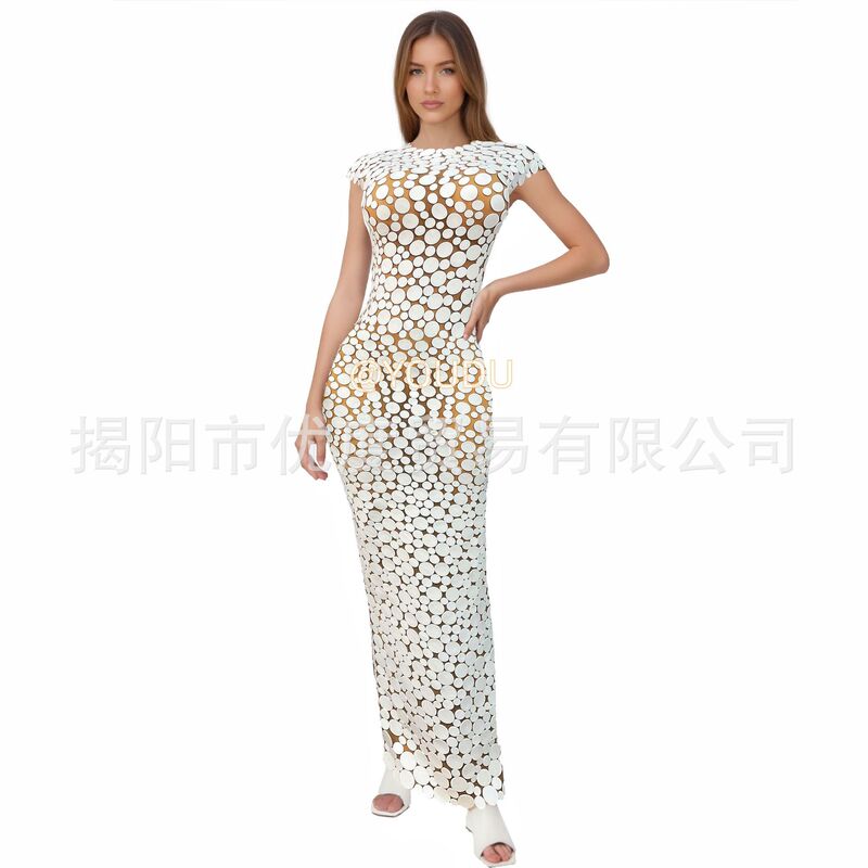 White Circle High-end European and American Perspective Mesh Birthday Dress Cocktail Party Night Performance Dress Snow Long Dress