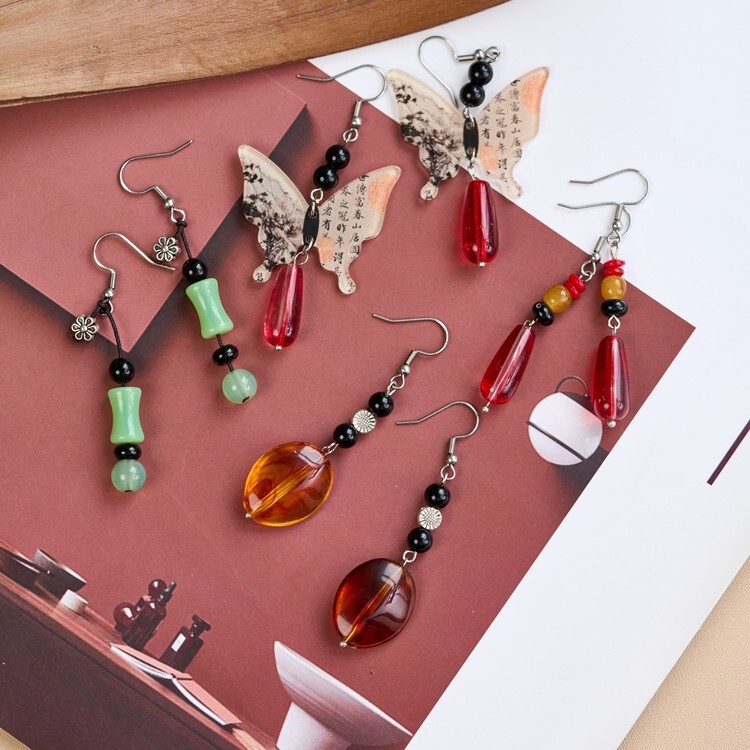 New Chinese Antique Beaded Long Tassel Earrings Chinese Style Hanfu Accessories Flower Fan Bow Earrings Women