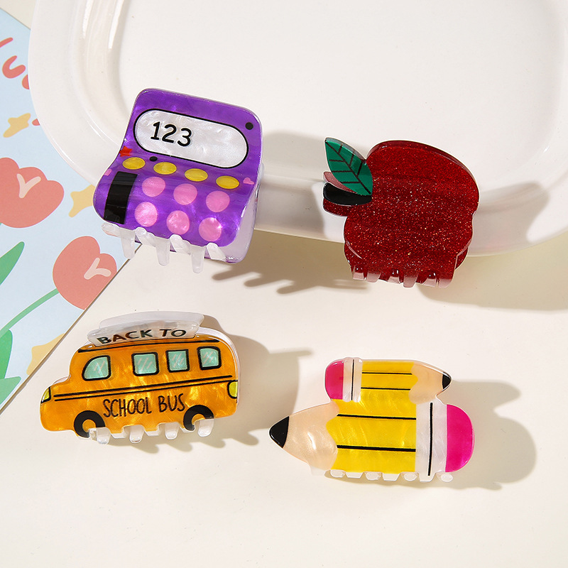 工厂批发仿醋酸抓夹校园可爱卡通校车汽车计算器铅笔发夹跨境苹果