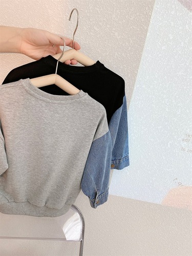 Boys Korean style denim spliced ​​sleeve loose sweatshirt  spring and autumn new style casual pullover for children and middle-aged children