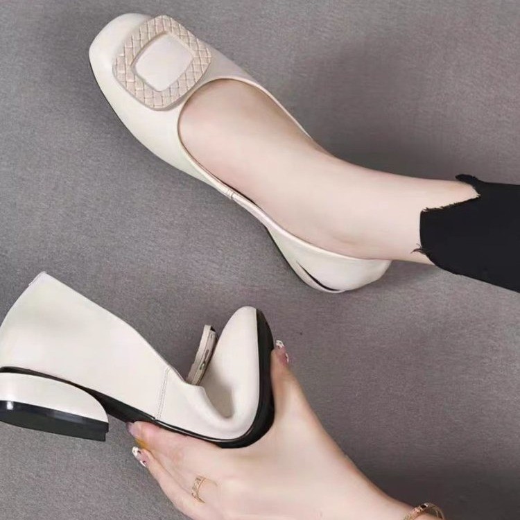 Zapatos de trabajo de cuero suave de verano, zapatos de tacones bajos de punta gruesa, zapatos de ropa formal profesional.