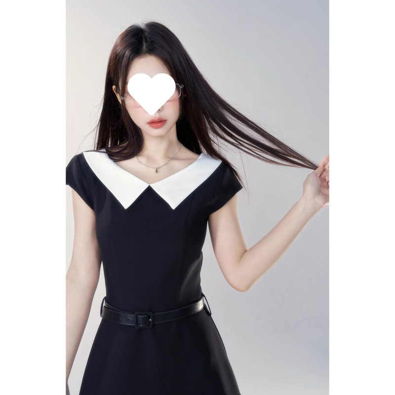 黑色学院风短袖连衣裙女2025新款夏季气质收腰修身显瘦法式长裙子|undefined