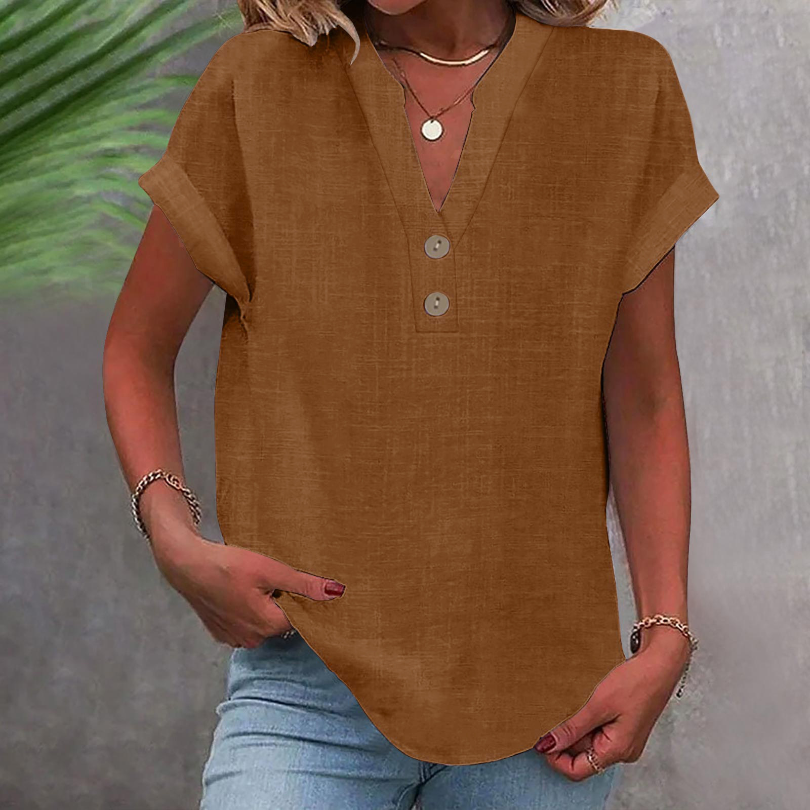 2025 European And American Summer Solid Color Stand Collar Button Short Sleeve Women's Shirt_ecoleips.com