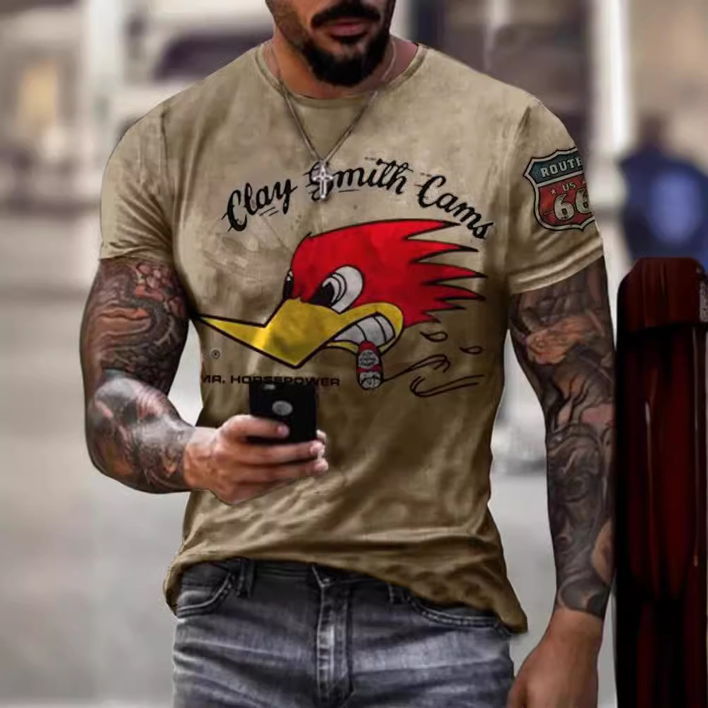 Cross-border Amazon hombres camisa de cuello redondo retro manga corta estilo europeo y americano impreso N ° 66 carretera carta camiseta
