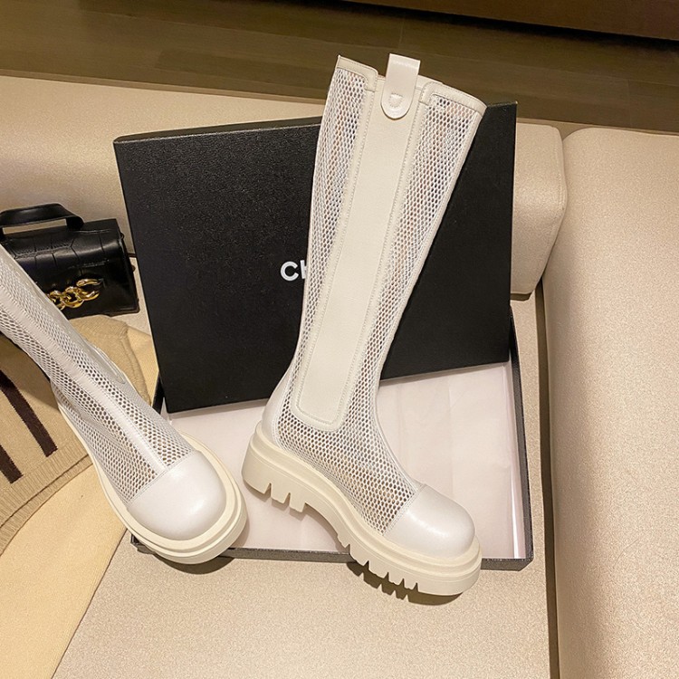 Boot lưới nữ da bò cổ cao thoáng khí mùa hè, đế dày, ống rộng cho chân to — Màu nâu ống lớn, Màu đen cổ ống lớn, Ống nhỏ màu đen, Chu vi ống lớn màu trắng be chi tiết 8