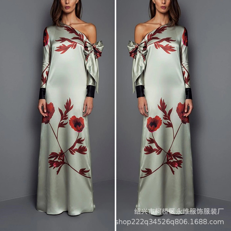 Cross-border foreign trade European and American long dress skirt women's oblique shoulder bow design dress printing Cross-border foreign trade European and American long dress skirt women's oblique shoulder bow design dress printing