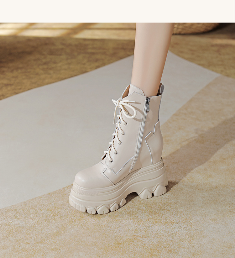 Boot nữ da thật đế dày tăng chiều cao 12 cm dây buộc cổ thấp — Đen lót nhung chi tiết 14