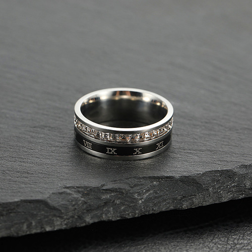 Korean version of cross-border titanium steel ring for women niche star-studded diamond rotatable Roman numeral ring stainless steel jewelry