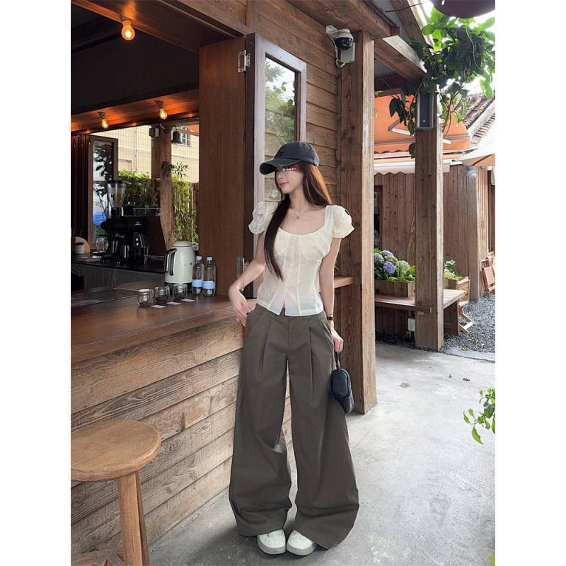 Summer New Design Patchwork Puff Sleeve Top + Green and Brown Classic Work Pants Casual Long Pants Set for Women Summer New Design Patchwork Puff Sleeve Top + Green and Brown Classic Work Pants Casual Long Pants Set for Women
