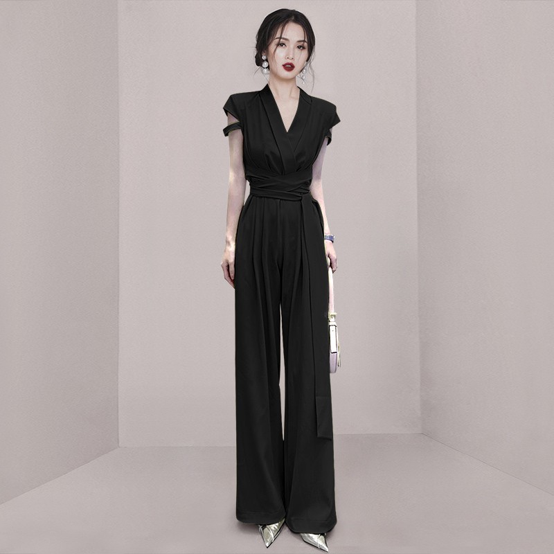 Sentido del cinturón de temperamento de cintura con cuello en V para damas, pantalones delgados de pierna ancha 2023 nuevo mono Yujie Fan transfronterizo