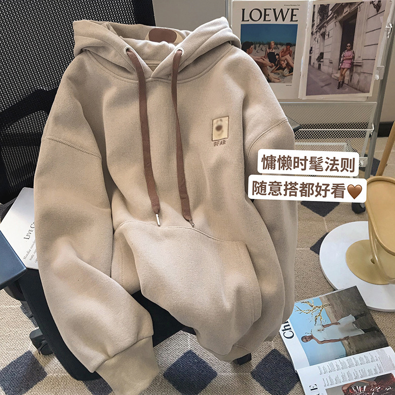 乳系にベルベットをつけて刺繍を厚くしたベアーのかわいいフード付きのセーターの女性秋冬ヴィンテージの年齢を減らしたゆるい上着|undefined