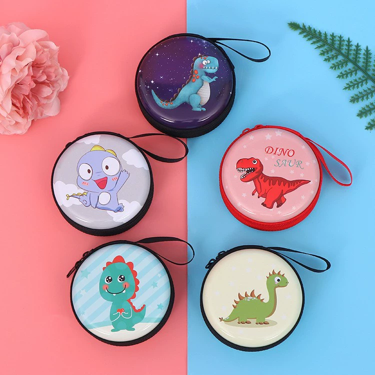 Round tinplate coin purse, zipper with chain, cartoon print, compact 7×7×3 cm