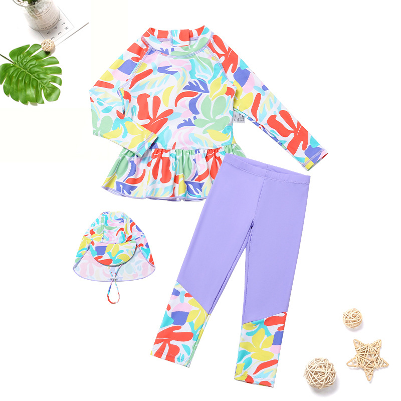 Girls' Two-Piece Swimsuit with Long Sleeves and Long Pants, Camouflage Lace, Sun-Protective, Quick-Dry, Class a Children's Swimwear