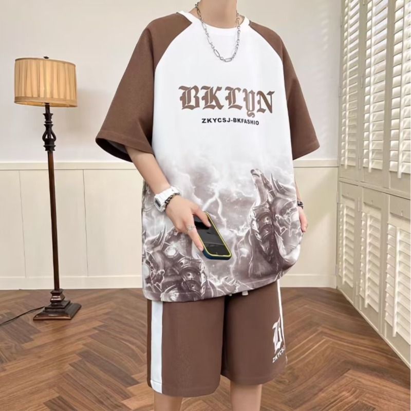 New Wafflesque Men's Casual Sports suit Men's Hong Kong-style Loose plus size Summer Handsome Youth Ice Silk Short Sleeve