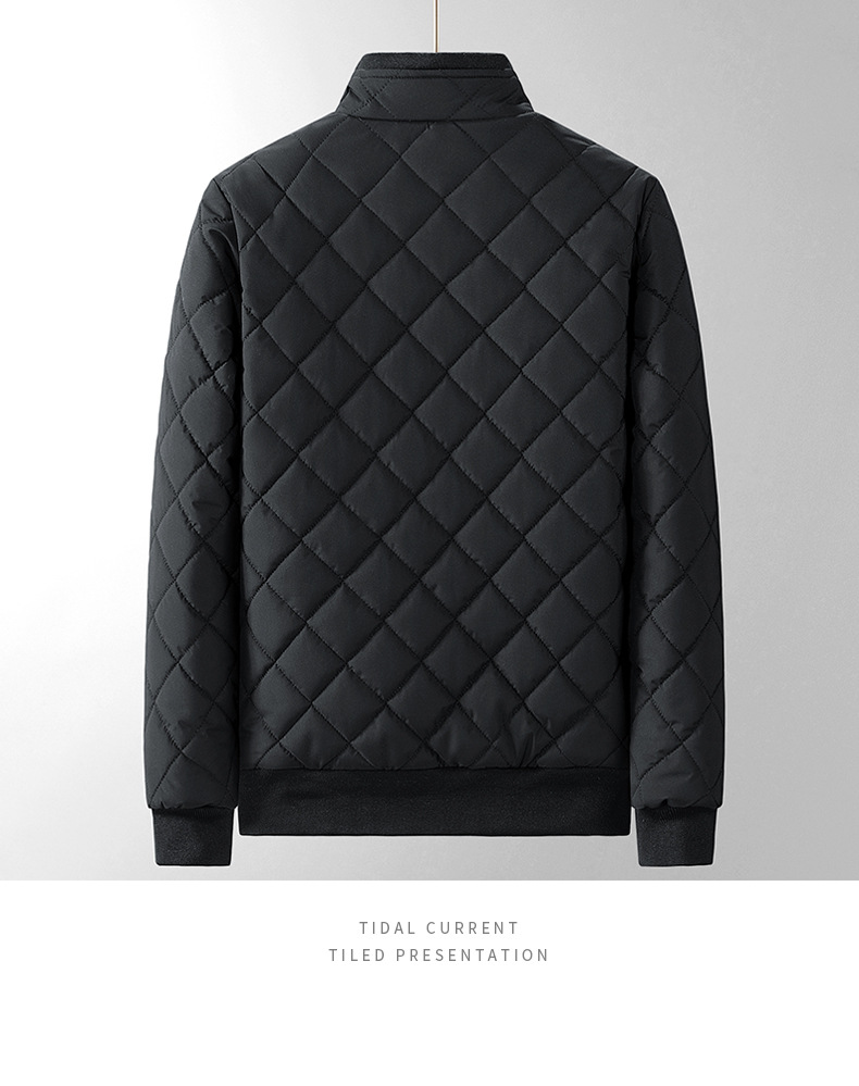 2023 Winter New Solid Color Thick Men's Diamond Grid Stand up Collar Cotton Jacket_voghion.com