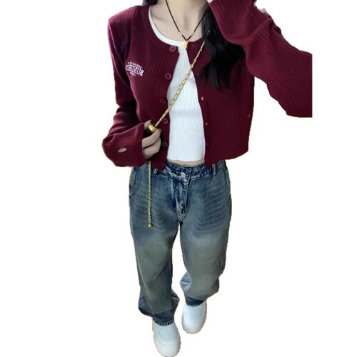 American street two-piece set T-shirt knit cardigan women's short slimming hot girl early autumn casual top