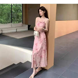 2025超仙蝴蝶印花连衣裙印花荡领吊带上衣女短款中长款裙辣妹短裙