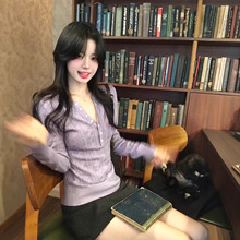 小仙倪子V领毛衣女 初冬超好看紫色长袖针织韩系修身通勤绝美上衣