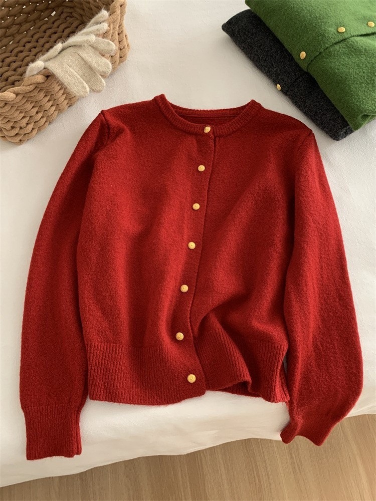 Coreano simple pequeño botón de oro suave suéter glutinoso abrigo mujer 2025 primavera y otoño nuevo suelto cardigan de punto de cuello redondo chaqueta image 8