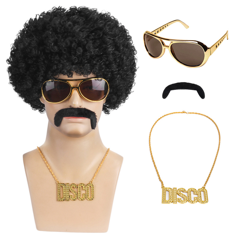 Hippy Explosive Head Wig and Elvis Presley Glasses Peace Necklace suit Halloween Hippie Theme Party