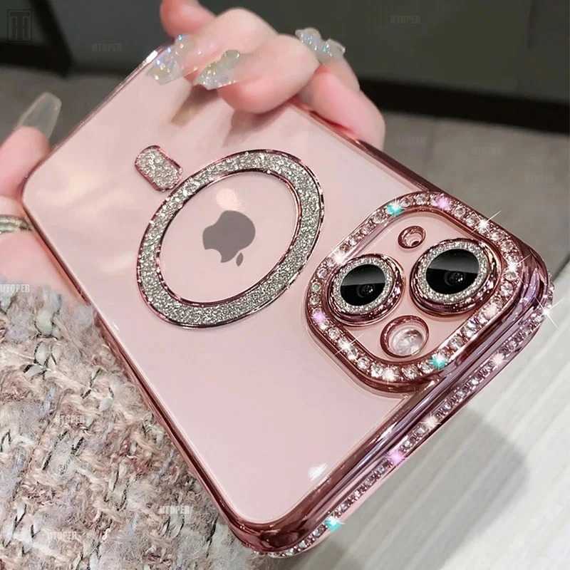 Suitable for Apple 17 Rhinestone Electroplated Transparent Mobile Phone Case iPhone 16 Magnetic 15Promax All-Inclusive Silicone 11 Sets