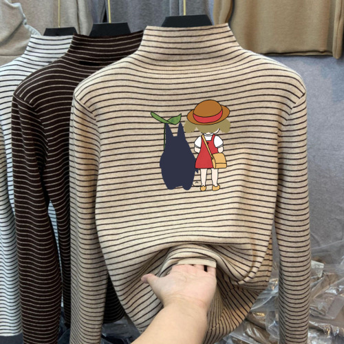 T2524# Boys' High-Neck Base Layer T-Shirt with Fleece-Lined Dermaline Fabric — Autumn/Winter Style, Older Kids' Striped Top for Layering as Innerwear