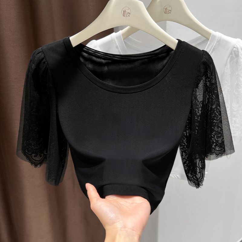 Half-Sleeve Lace T-Shirt with Mesh Panels, Short Camisole Dress, White Sheer Blouse, Silk Mesh Tulle Top