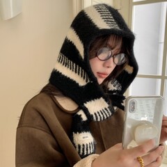 露思同款条纹拼色羊毛帽子氛围感兔耳朵围脖一体针织巴拉克法帽潮