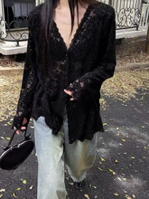 黑色高级感V领蕾丝钩花衬衫女秋气质镂空内搭雪纺衫超好看上衣