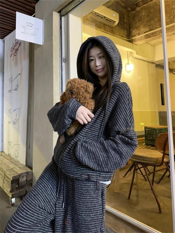 冬季新款韩版慵懒风条纹长袖连帽外套上衣+高腰显瘦阔腿裤套装女|undefined