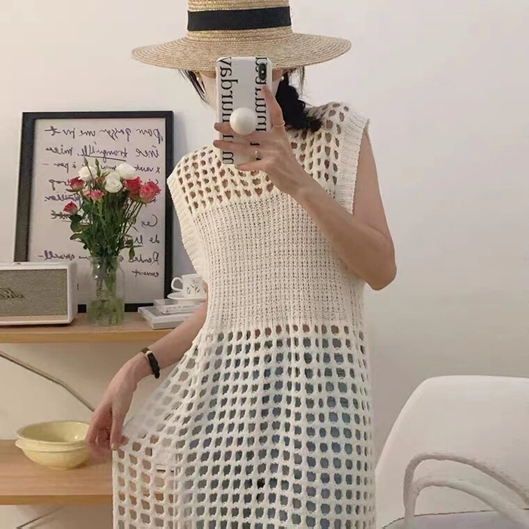 Han Feng chic Vintage Hollow Mesh Design Sleeveless Blouse Round Neck Stacked Side Split Knitted Vest Dress Han Feng chic Vintage Hollow Mesh Design Sleeveless Blouse Round Neck Stacked Side Split Knitted Vest Dress
