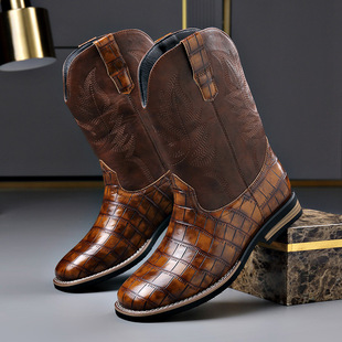 Trendy Casual Chelsea Leather Boots Fashion Stitching Western Cowboy Boots Casual All-Match Knight Locomotive Leg Men's Boots