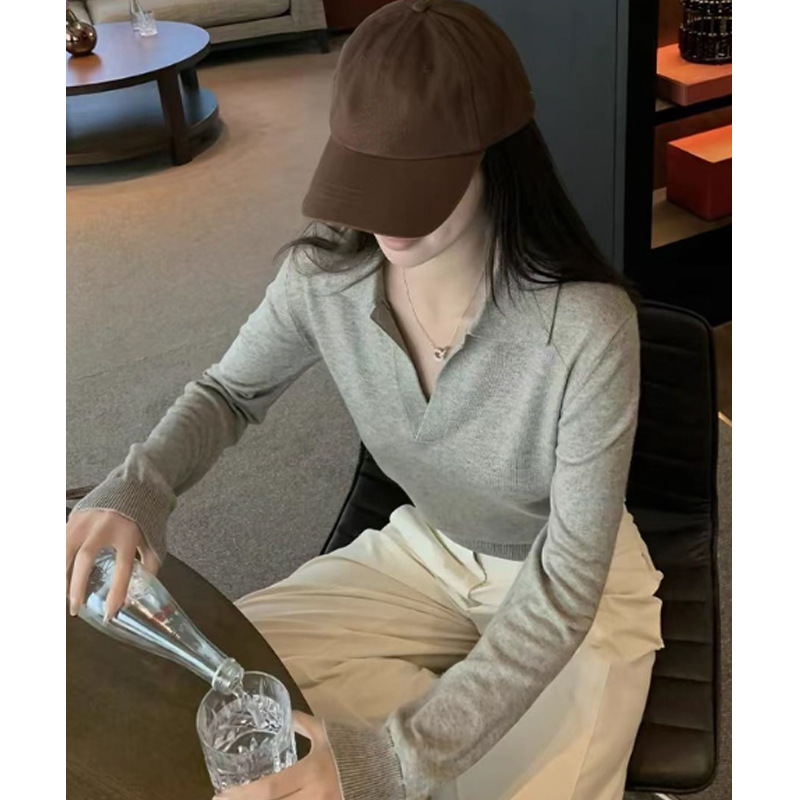 韩系灰色POLO衫正肩长袖针织衫女早秋气质高JI感短款修身翻领上衣|undefined