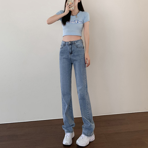 Women's Straight Leg Jeans for Autumn/Winter, High-Waisted, Slimming, Taller-Showing, Small Feet Fashion, Versatile Casual Pants