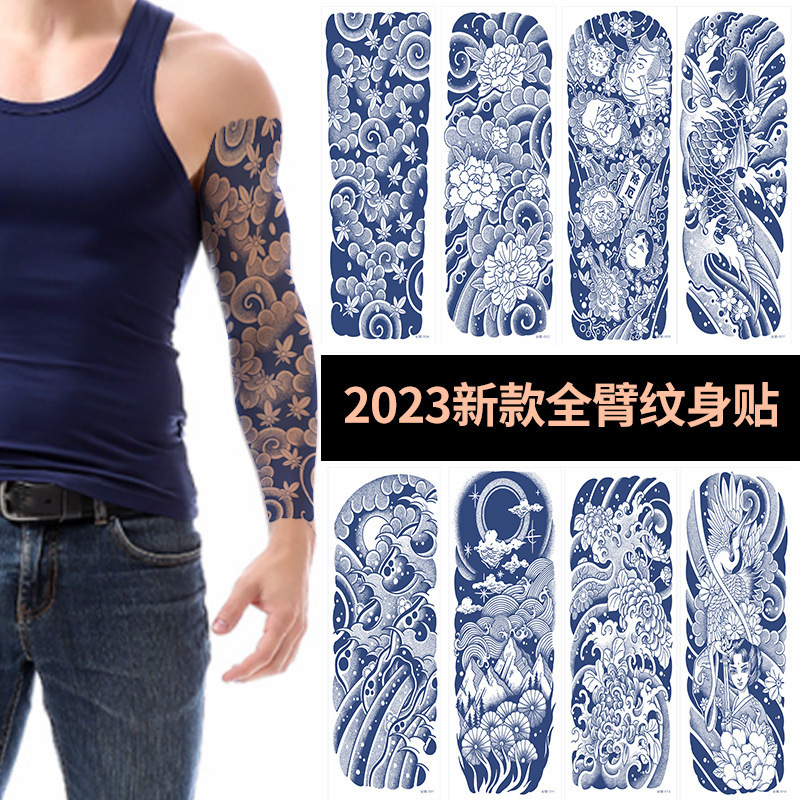 Herbal Cherry Blossom Full Arm Tattoo Stickers, Traditional Flower Arm Full Arm Wave Pattern Tattoo Stickers, New Style Painted Tattoos for Men and Women