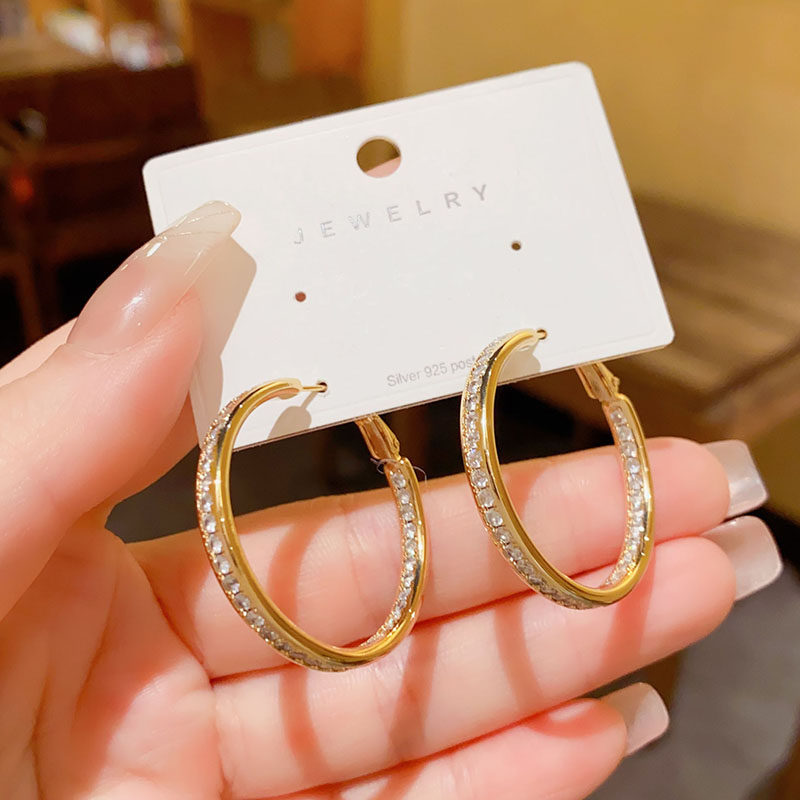2026 New Trendy High-End Geometric Style Versatile Zircon Hoop Earrings with a Luxurious Feel, Personalized Internet Celebrity Silver Needle Earrings