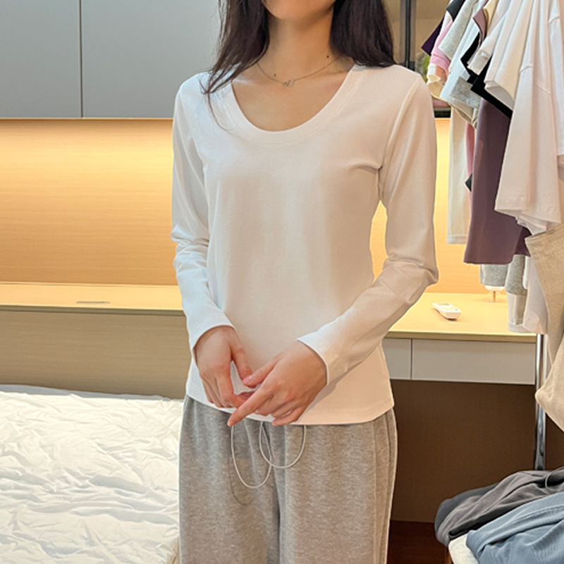 棉质圆领纯色打底衫女春秋冬新款叠穿内搭修身长袖t恤上衣女 |undefined