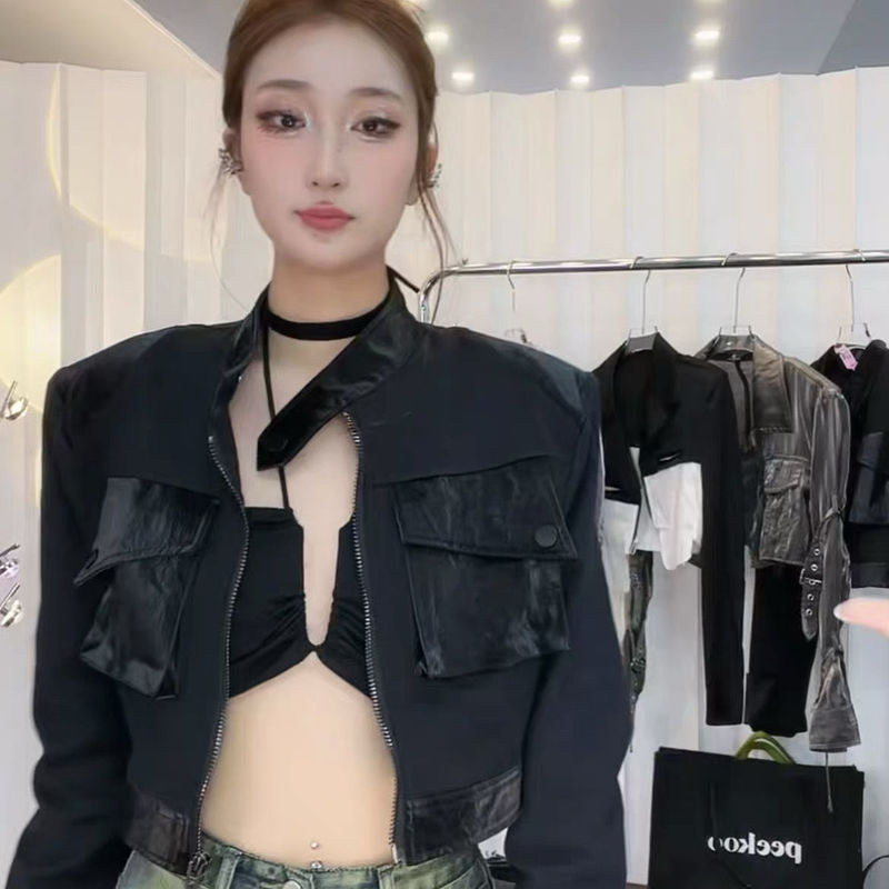 韩版美式复古高级感辣妹拼皮立领镂空露背修身显瘦夹克短外套女潮|undefined