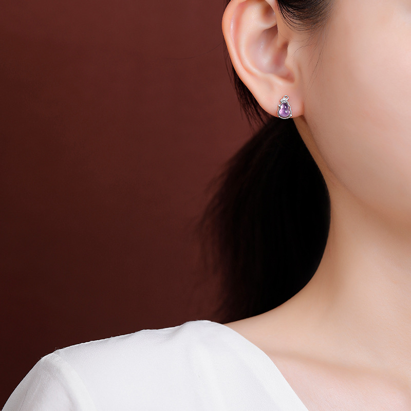 Bông tai nữ bạc S925 đính đá thạch anh tím tự nhiên hình quả bầu lá — Mẫu bạc