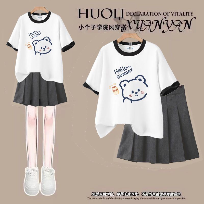 カレッジスタイルの夏万能スイートプリントラウンドネック半袖Tシャツ小柄ハイウエスト着痩せプリーツスカート2点セット|undefined